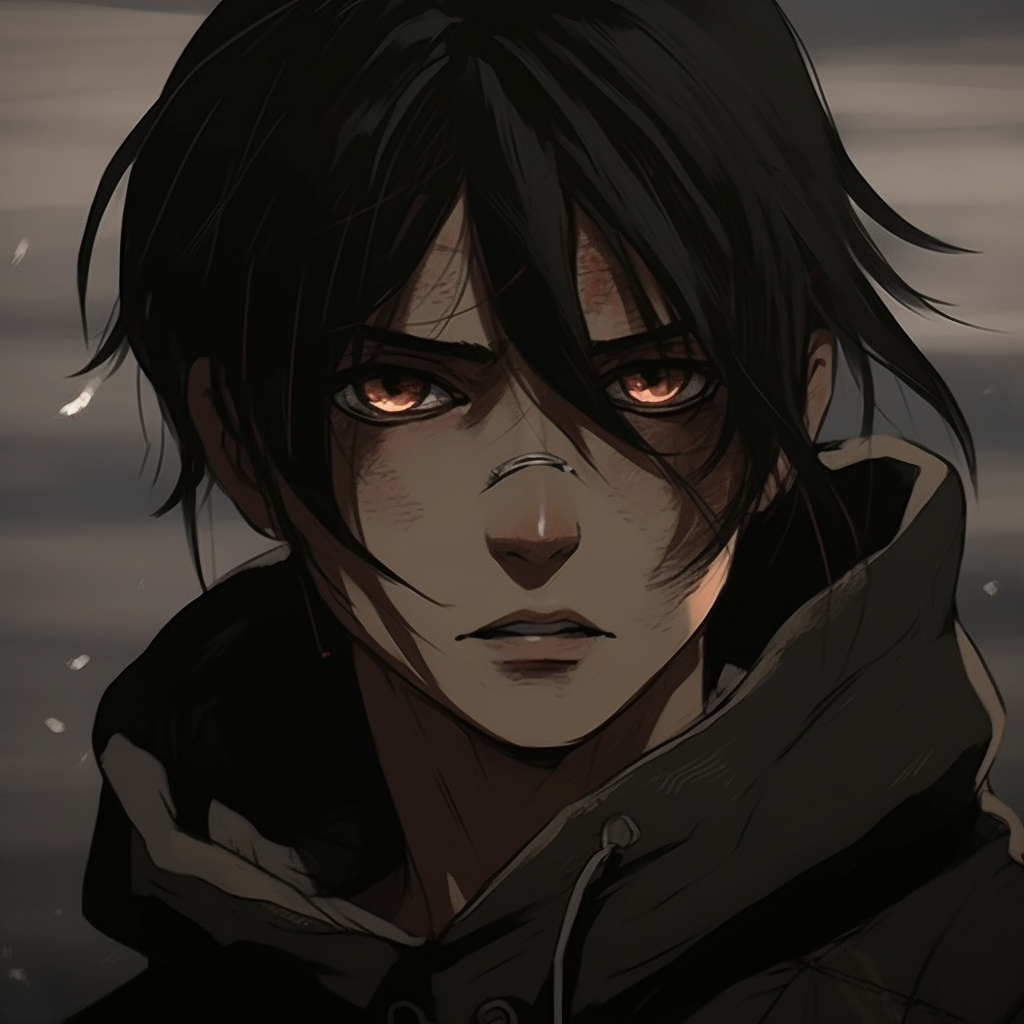 Half-lit profile of Eren Yeager, focusing on the character's intense expression. Stark lighting delineates his features. anime-focused dark aesthetic pfp pfp for discord.