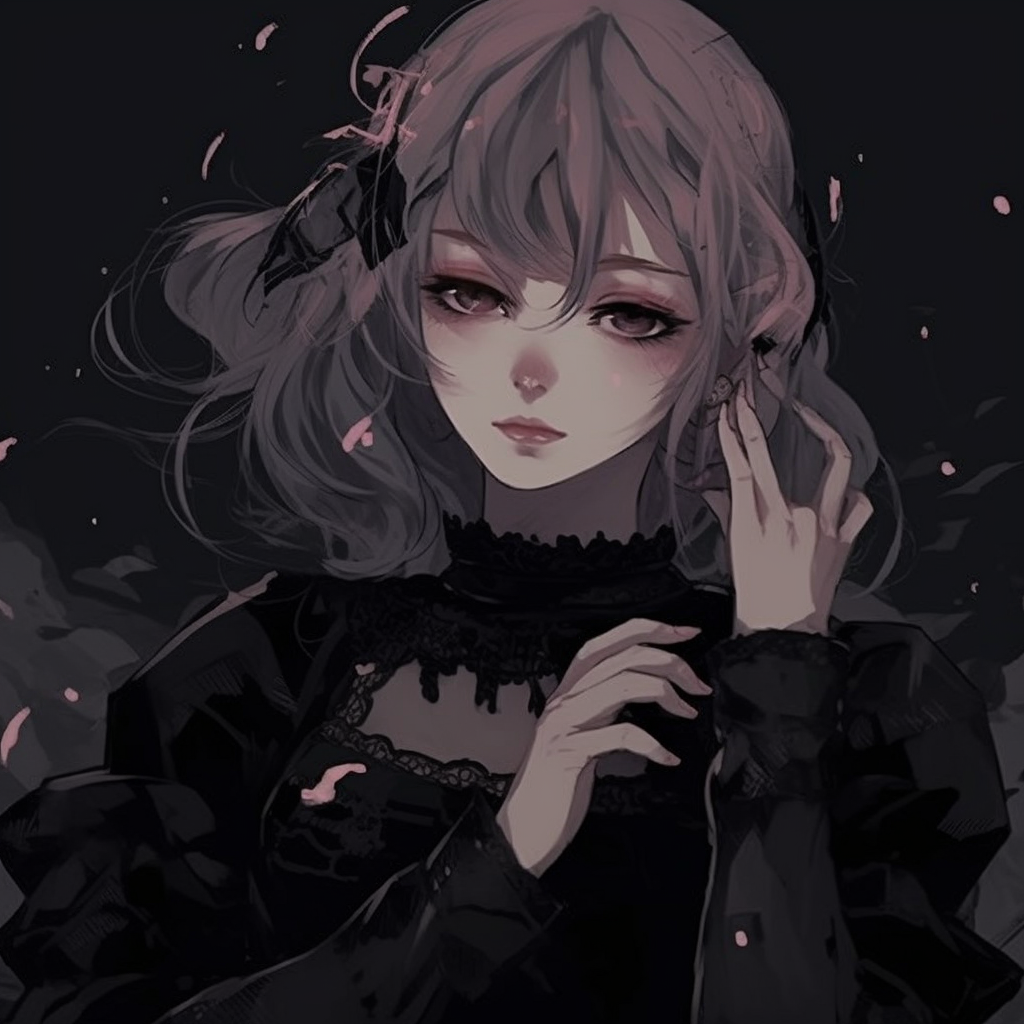 Anime girl in a gothic aesthetic outfit, with a mix of intense dark and soft pastel colors. dark aesthetic anime pfp girl illustrations