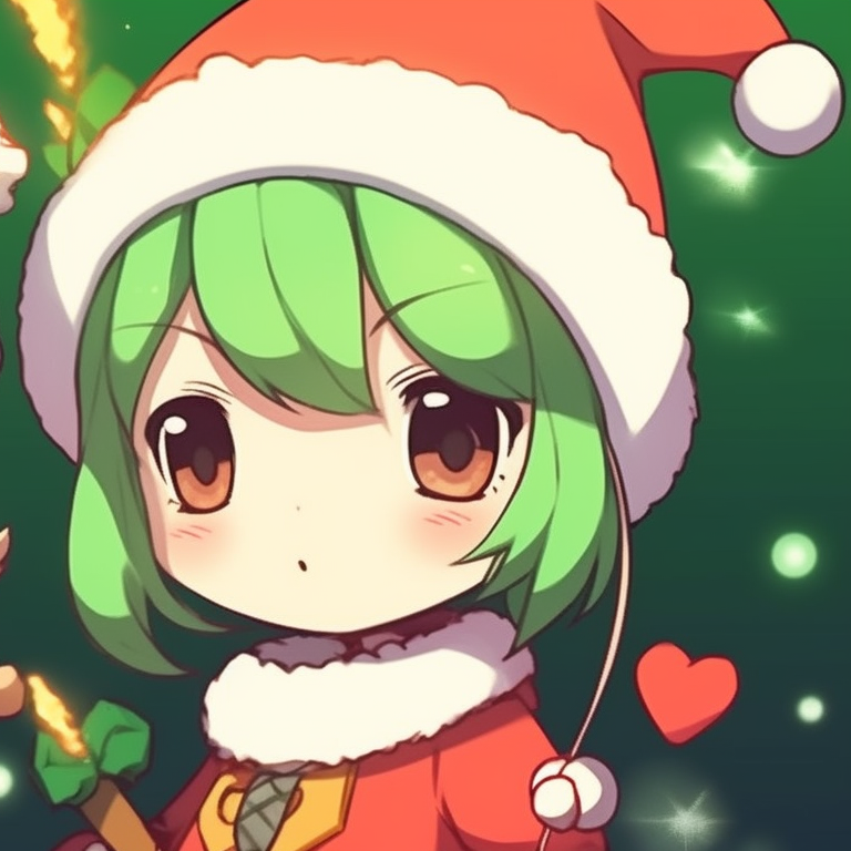 Two characters in joyful moods, vibrant red and green colors, festive outfits. cute matching christmas pfp cartoon pfp for discord.