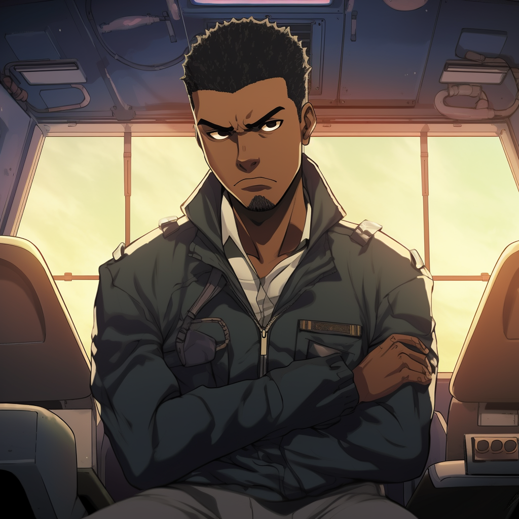 Captain Dutch at the helm, showing the ship's wheel and navigation equipment in the background, depth and perspective in composition. enticing male black anime characters pfp