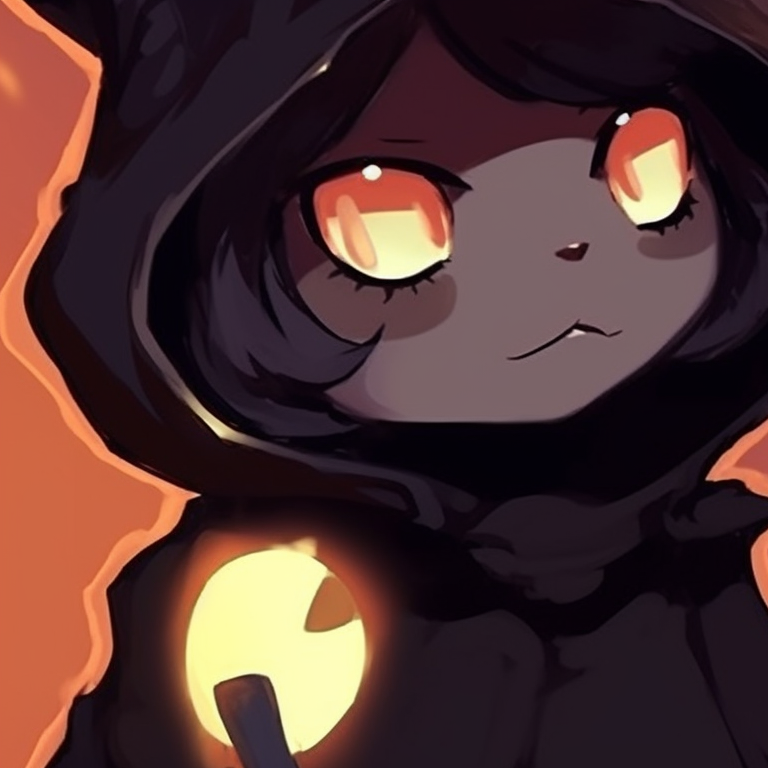 Two characters transformed into black cats, vibrant orange and purple colors, looking at each other. pfp pair animal halloween theme pfp for discord.