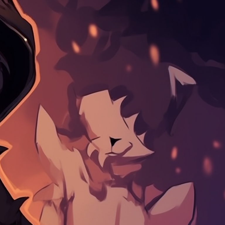 Two characters transformed into black cats, vibrant orange and purple colors, looking at each other. pfp pair animal halloween theme pfp for discord.