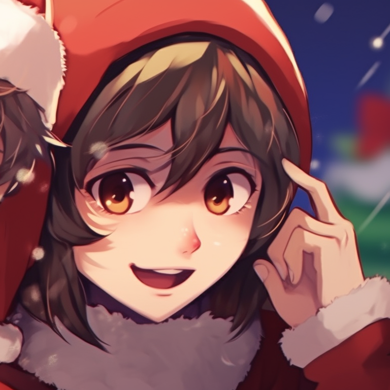 Two characters, one wearing a Santa hat, the other staring in surprise, bold colors. ideal christmas pfp matching themes for school pfp for discord.