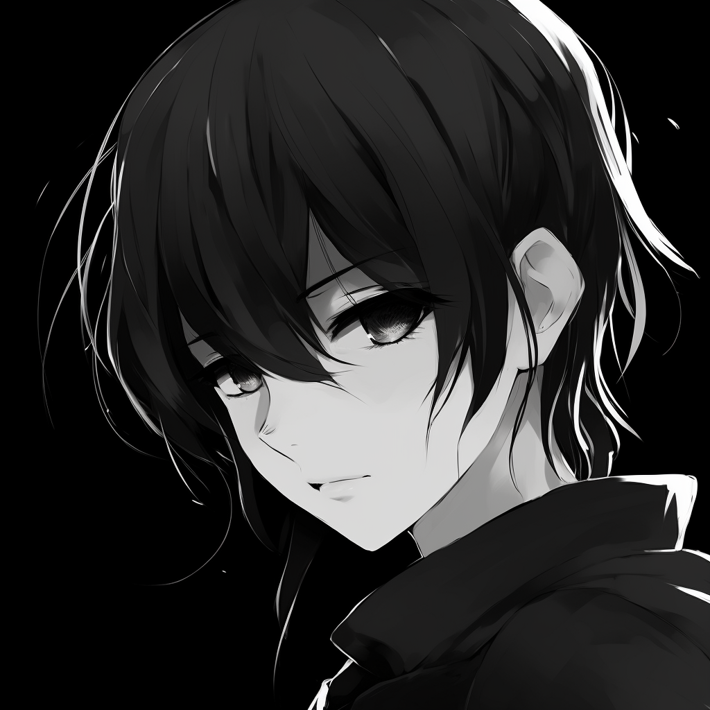 Classic anime girl profile picture in black and white, a focus on facial features and refined strokes. classic black and white anime girl pfp pfp for discord.