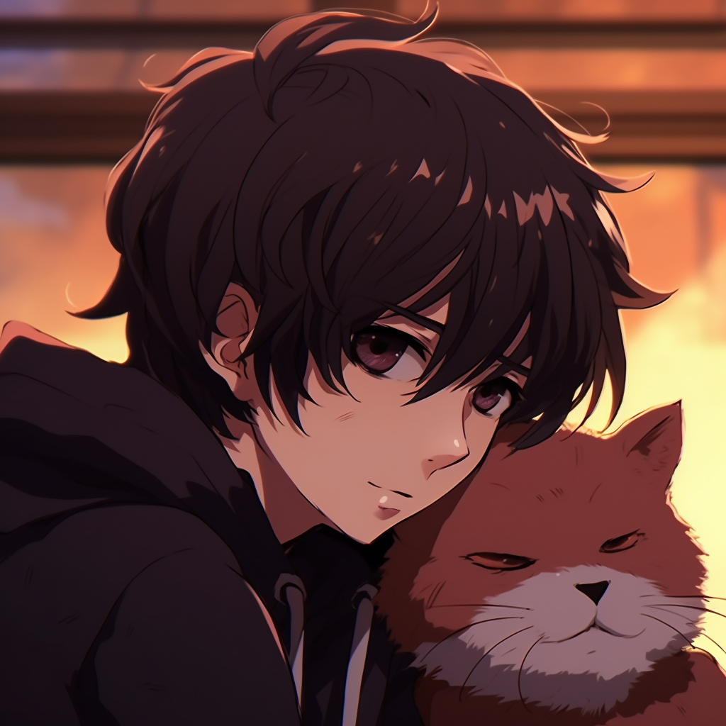 Anime boy snuggling with a cat, warm colors and tranquil expressions. trendy chill anime pfp collection