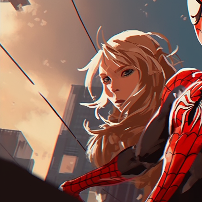 Close-up of Spiderman and Gwen, sharp contrast and detailed cityscape. spiderman and gwen matching pfp pfp for discord.