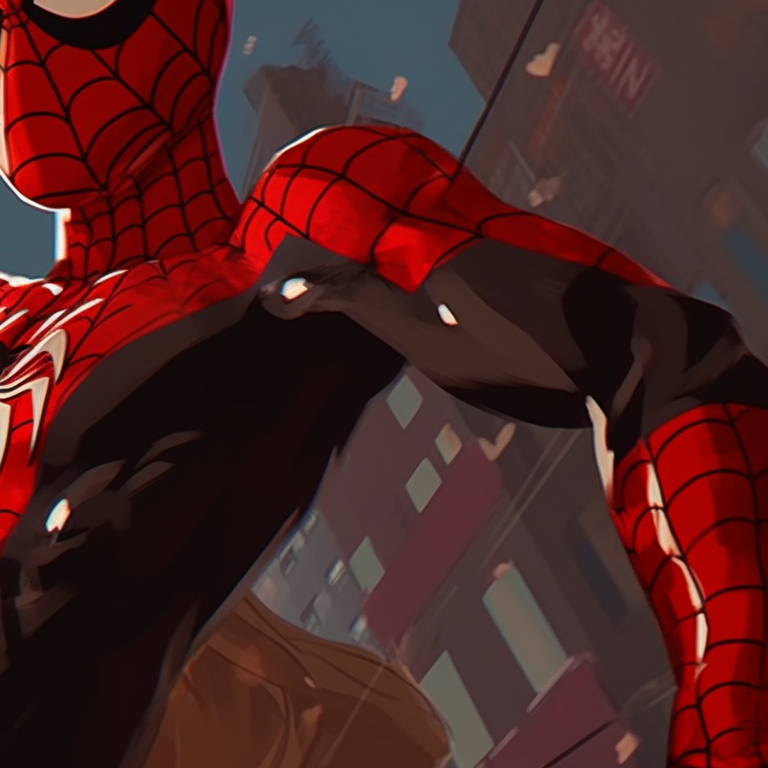 Close-up of Spiderman and Gwen, sharp contrast and detailed cityscape. spiderman and gwen matching pfp pfp for discord.