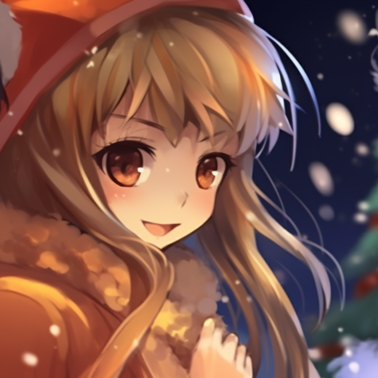 Two characters in festive clothing, with bright orange accents and snowflakes swirling around them. orange christmas pfp variations pfp for discord.