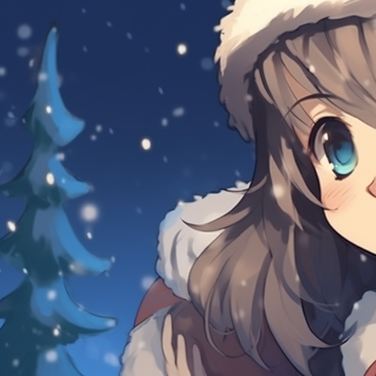 Two characters, cool blues and whites, whispering to each other amidst the falling snow. cute girl and boy matching christmas pfp pfp for discord.