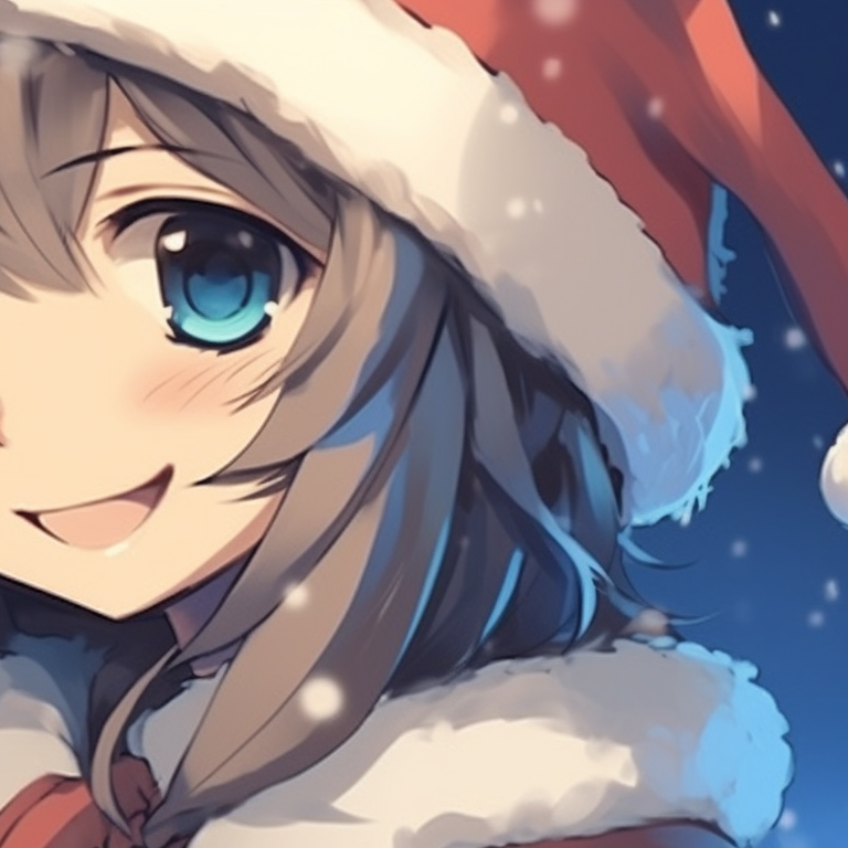 Two characters, cool blues and whites, whispering to each other amidst the falling snow. cute girl and boy matching christmas pfp pfp for discord.
