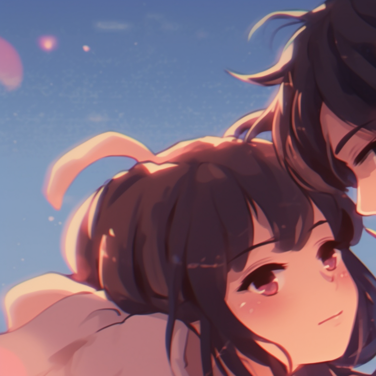 Two characters holding hands, relaxed expressions, and warm colors underscoring the mood. matching pfp gif for loved ones pfp for discord.