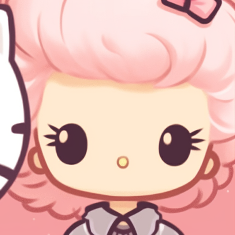 Two characters, one with Hello Kitty hair clips and the other with a Hello Kitty badge, soft colors and harmonious expressions. hello kitty pfp matching boys and girls pfp for discord.