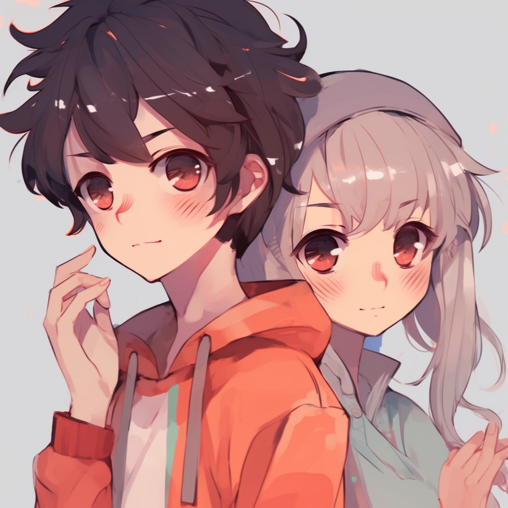 An anime boy and girl in matching outfits, drawn with clean lines and bright colors. matching pfp anime boy and girl