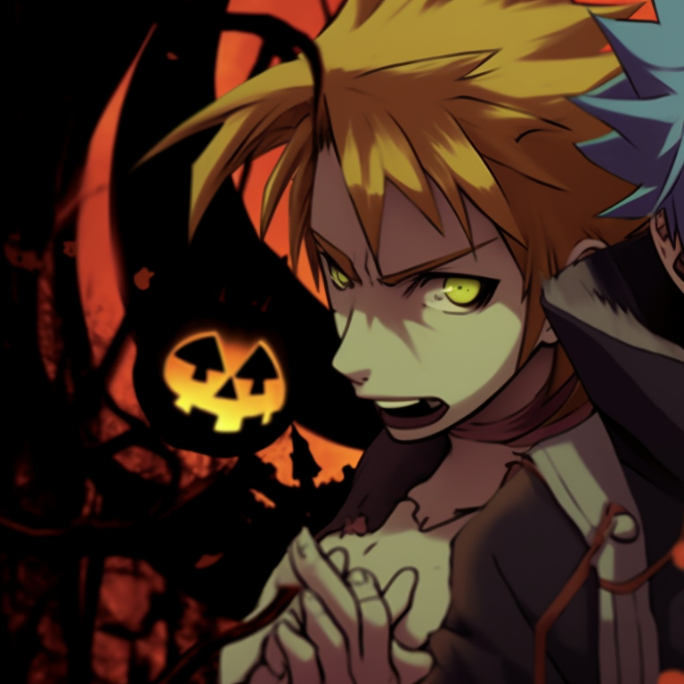 Naruto and Sasuke in Halloween-themed attire, bold outlines and bright orange hues. jinchuriki halloween match pfp with naruto & sasuke pfp for discord.