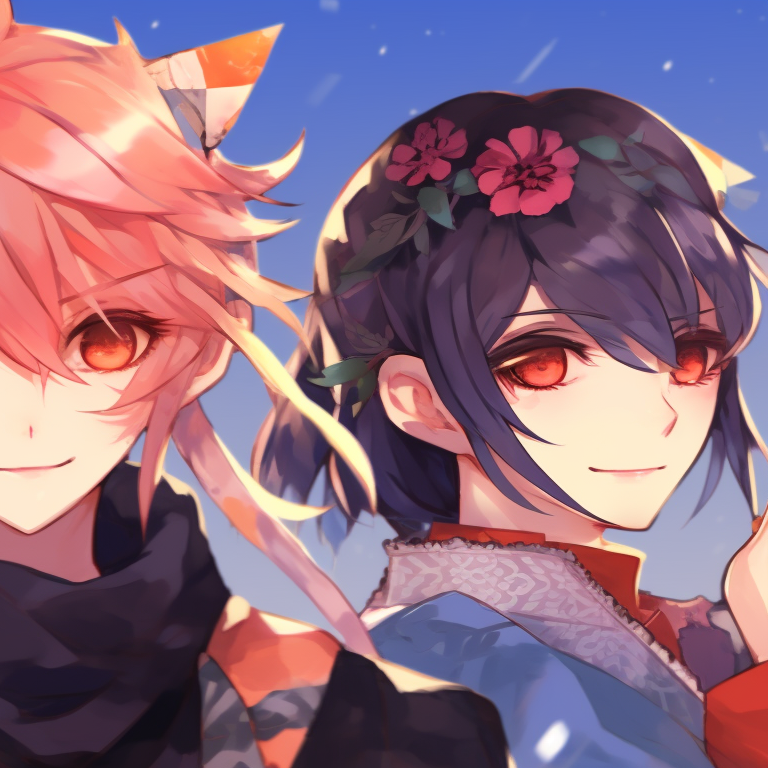 Three anime characters with floral elements, vibrant colors and a shared visual flow. trio pfp matching for girls pfp for discord.