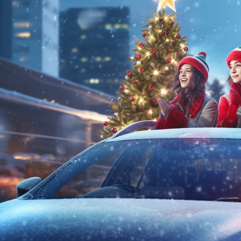 Two characters and their reindeer-themed cars with red nose light, playful design, bold lines and bright colors. stunning matching christmas car collections pfp for discord.