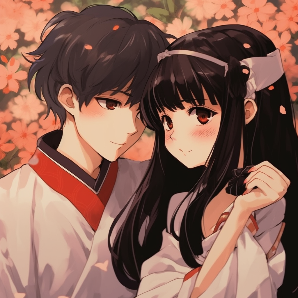 Profile view of Inuyasha and Kagome, fine details in their traditional outfits and bold outlines. ultimate relationship goal: matching anime pfp for lifelong couples