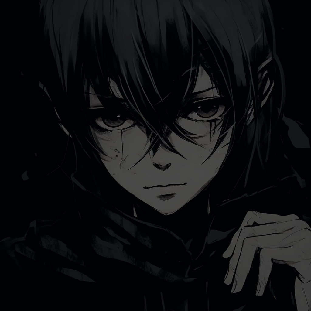 Prominent profile of an anime character enshrouded in shadows and deep color tones, with focus on specific character features. anime pfp dark with mysterious themes pfp for discord.