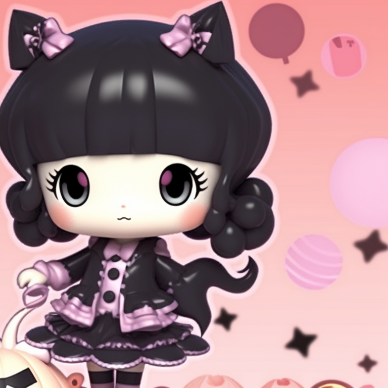 Kuromi characters in Halloween outfits, with striking black and pink palette, posing back-to-back. kuromi matching pfp halloween theme accessories pfp for discord.