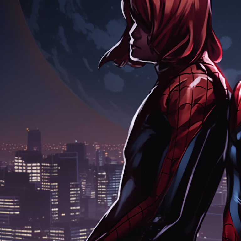 Two Spiderman characters standing atop a skyscraper, overlooking the city with a moonlit sky in the background. spiderman matching pfp images pfp for discord.