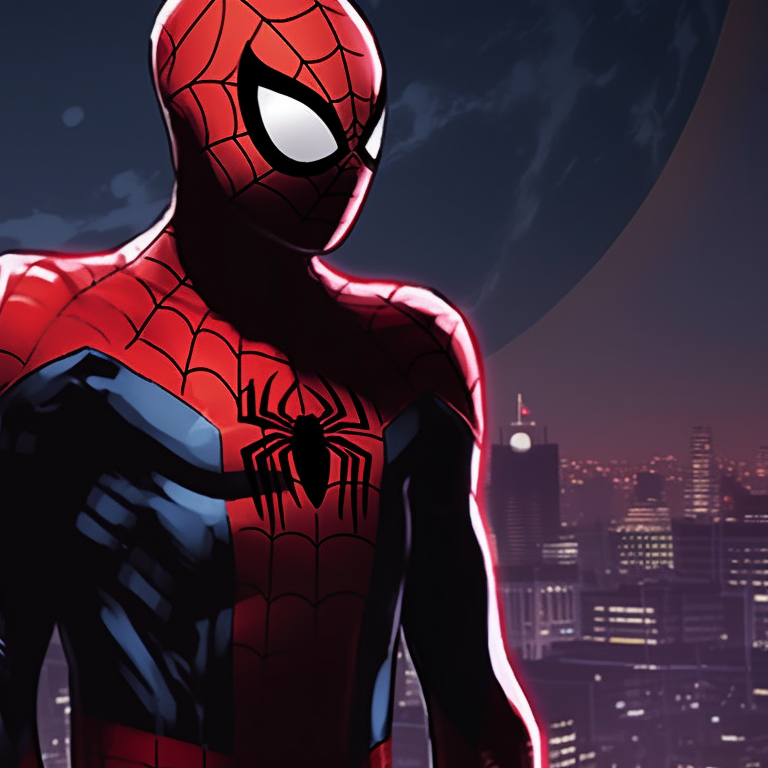 Two Spiderman characters standing atop a skyscraper, overlooking the city with a moonlit sky in the background. spiderman matching pfp images pfp for discord.