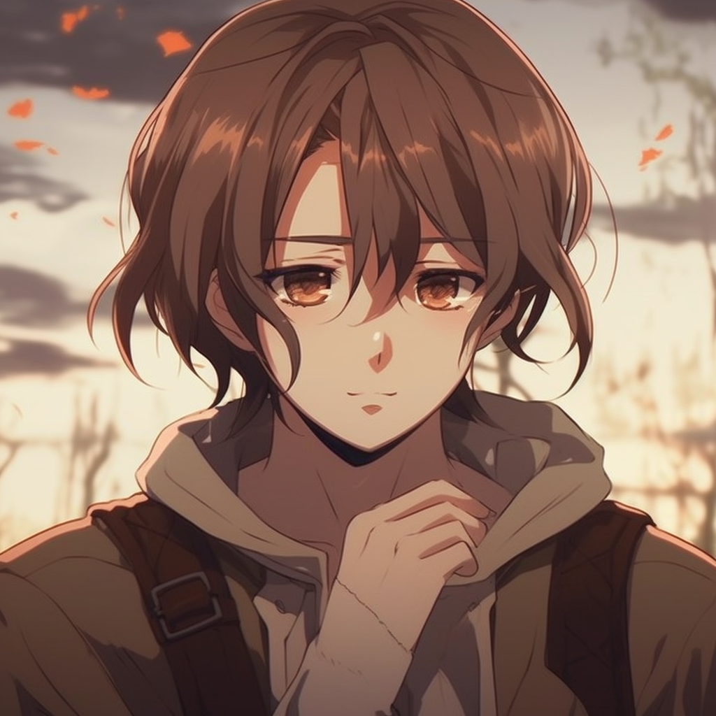 Close-up of Eren, finely detailed features and earthy tones. aesthetic cute anime pfp for boys pfp for discord.