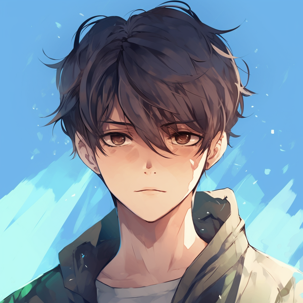 Anime guy with piercing icy blue eyes and brown hair, detailed linework and cool color palette. unique anime guy pfp