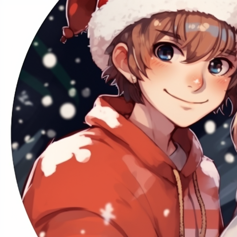 Two characters, against a candy cane backdrop, festive accessories in their attire. trending preppy christmas pfp matches pfp for discord.