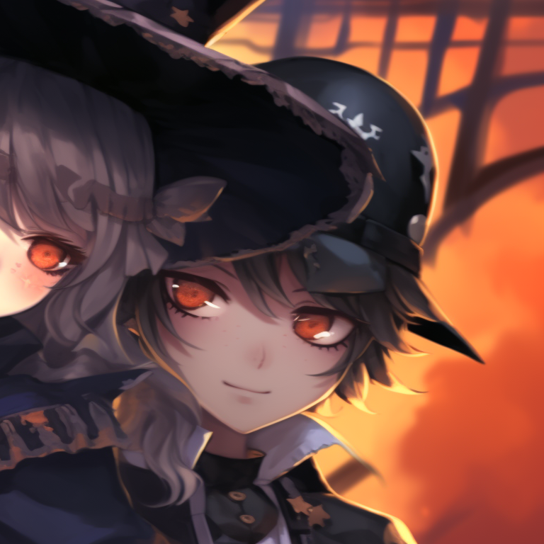 Full body shot of two characters in heroic poses, wearing Halloween-themed warrior costumes, bold and vivid colors. halloween pfp with genshin elements pfp for discord.