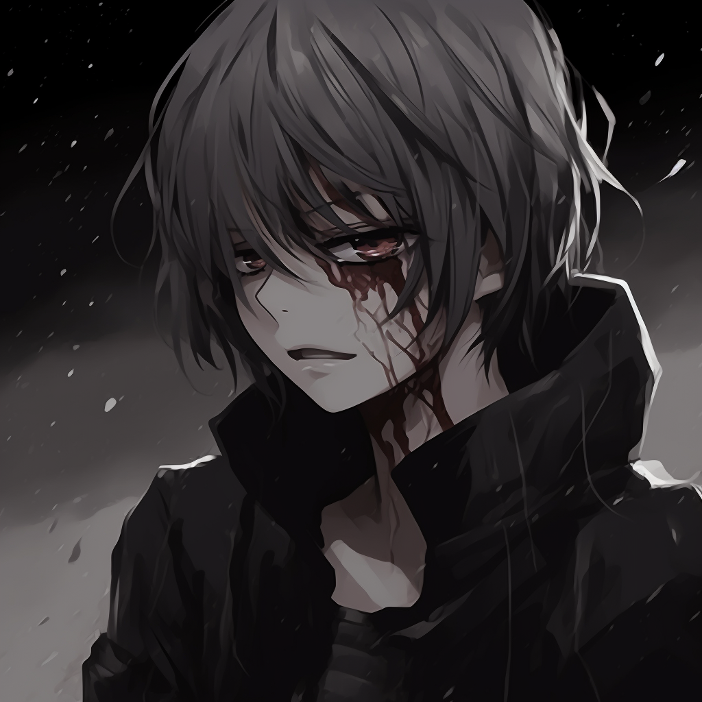 Artwork focuses on Kaneki's tear-stricken face, a monochrome portrait contrasted with a red tear. exclusive anime pfp sad images pfp for discord.