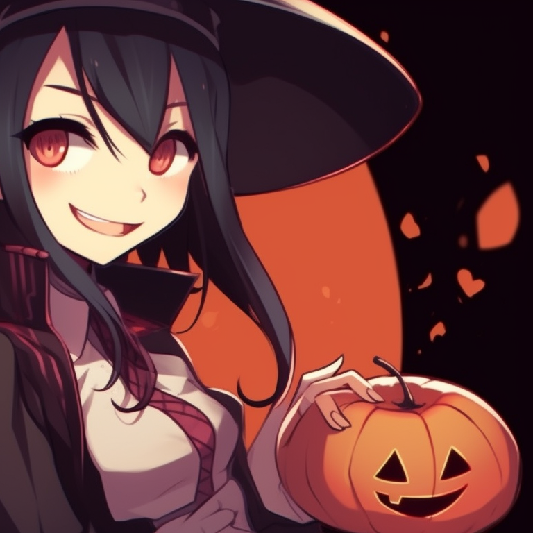 Two characters in Halloween-themed outfits, one sporting a witches' hat, the other a ghostly aura, both with pumpkin accents animated halloween matching couple profile island pfp for discord.