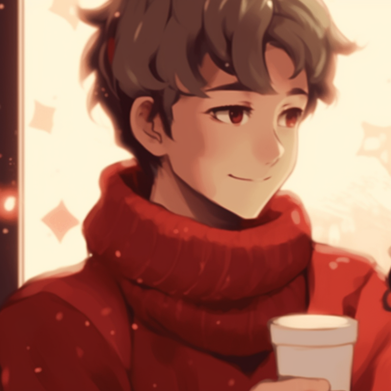 Two characters in matching holiday sweaters, warm tones and gentle highlights, holding cups of hot chocolate. cozy matching gif christmas pfp pfp for discord.