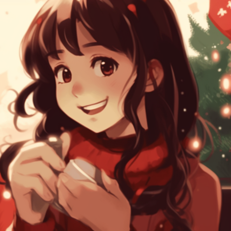 Two characters in matching holiday sweaters, warm tones and gentle highlights, holding cups of hot chocolate. cozy matching gif christmas pfp pfp for discord.