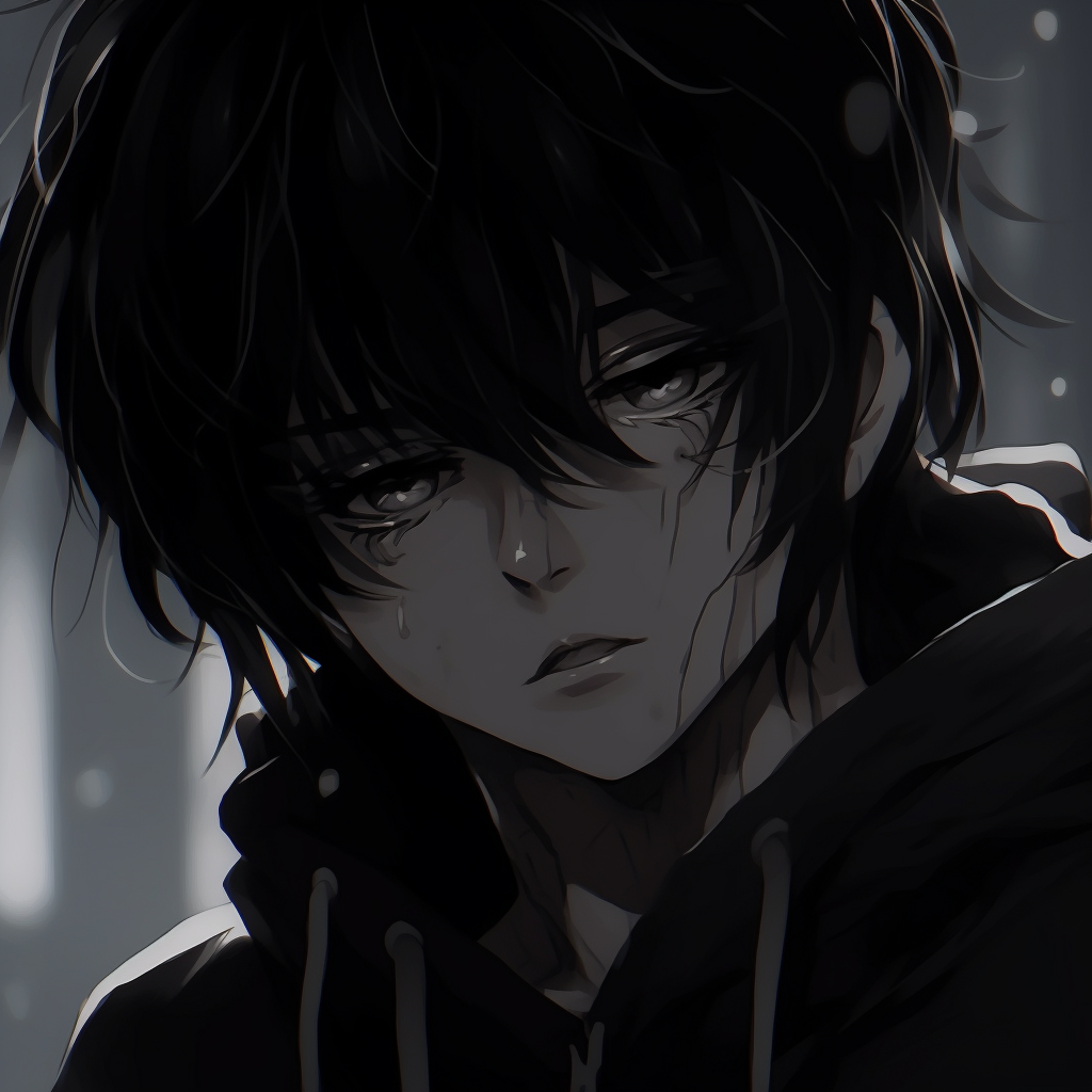 Full body shot of a dark aesthetic anime character, deep black tones and high contrast. diverse selection of anime pfp dark aesthetic pfp for discord.