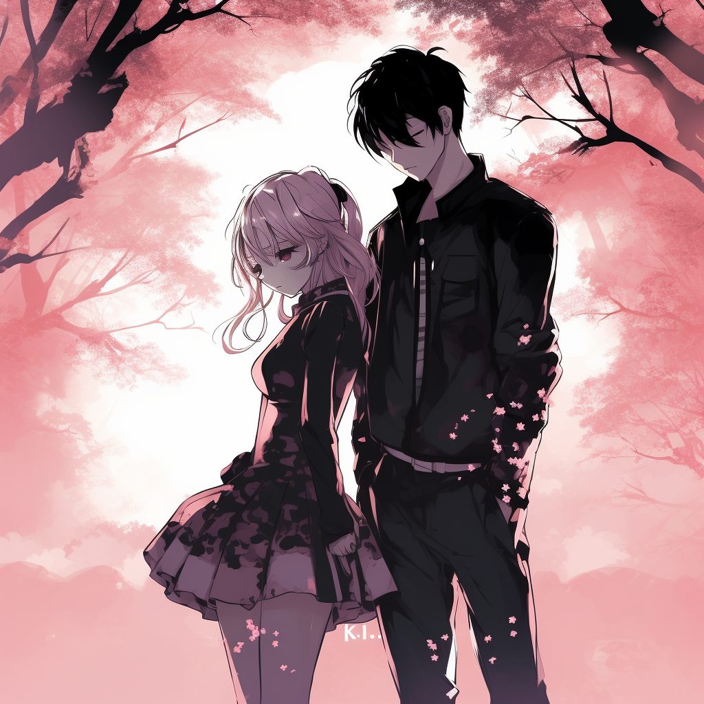 A silhouette depiction of an anime couple under a sakura tree, delicately colored and romantic. cool anime couple pfp
