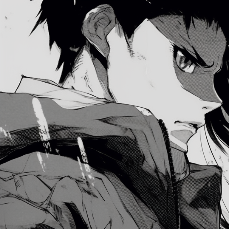 Characters with opposing expression, one smirking and the other serious. black and white matching pfp for couple pfp for discord.