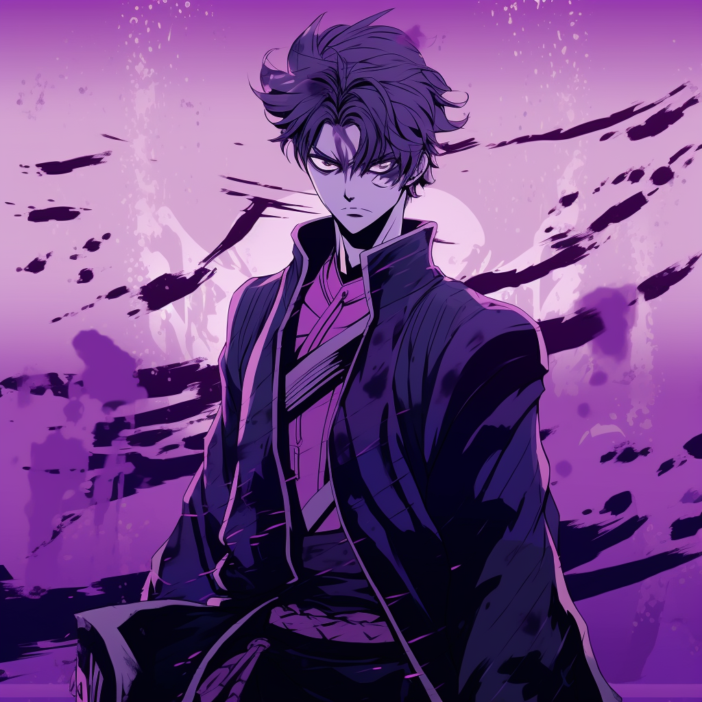 Dynamic pose of anime samurai, filled with energy and animated in varying tones of purple unique anime purple pfp concepts pfp for discord.