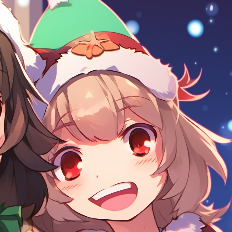 Two characters, vibrant Christmas colors and dynamic expressions, reveling in festivity. latest matching christmas themed pfp pfp for discord.