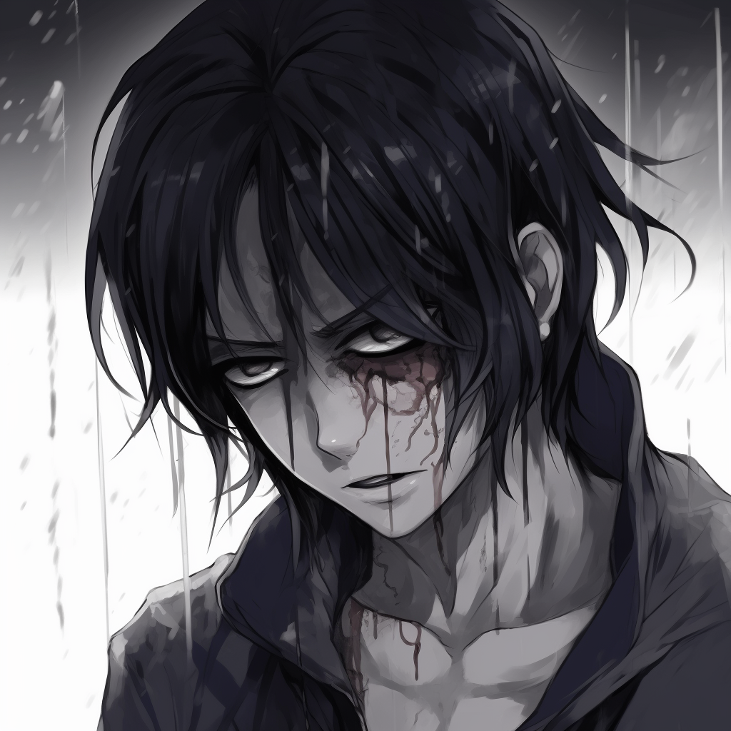 Sasuke Uchiha with teary-eyed emotion, detailed linework and sombre tones. popular depressed anime characters pfp pfp for discord.