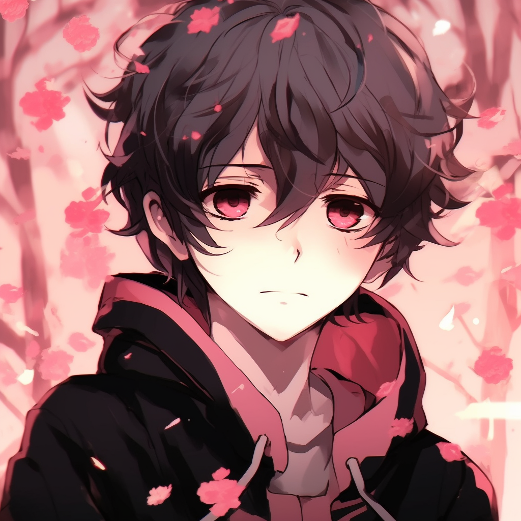 Anime boy with sakura blossom background, vibrant pink hues and soft linework. anime boy pfp ideas pfp for discord.