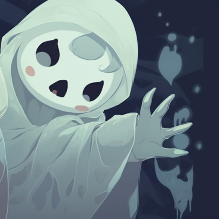 Two ghost characters with a mixture of sharp and soft art style, adorned with Halloween symbols like cobwebs and bats. creative matching ghost pfp halloween theme collection pfp for discord.