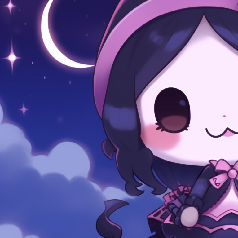 Kuromi characters in Gothic attire, featuring bat wings and cryptic symbols. kuromi matching pfp halloween theme accessories pfp for discord.