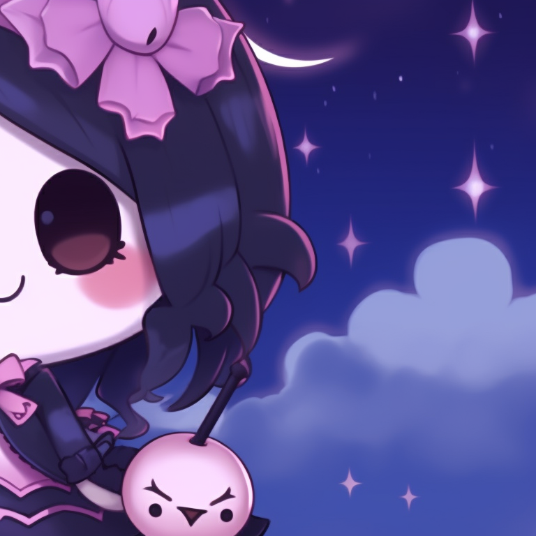 Kuromi characters in Gothic attire, featuring bat wings and cryptic symbols. kuromi matching pfp halloween theme accessories pfp for discord.