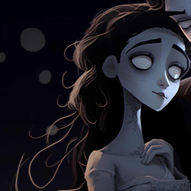 Two characters wearing bridal veils, rich textures and ominous tones create an eerie atmosphere. unique corpse bride pfp pfp for discord.