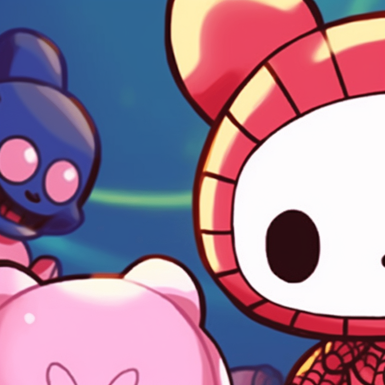 Two characters with contrasting color schemes, common symbol linking them. hello kitty and superheroes matching pfp pfp for discord.