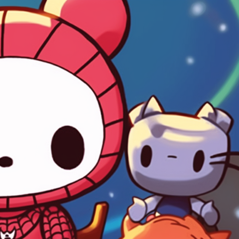 Two characters with contrasting color schemes, common symbol linking them. hello kitty and superheroes matching pfp pfp for discord.