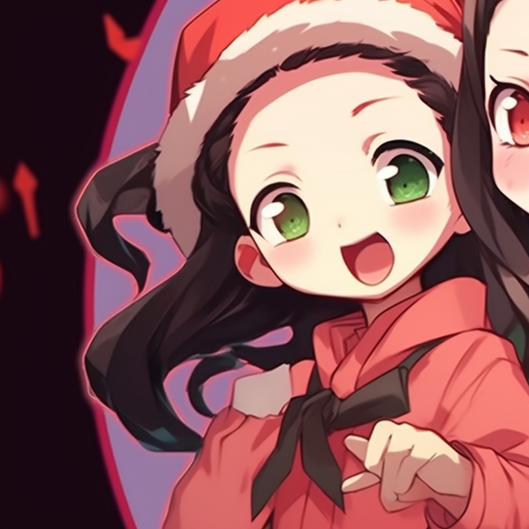 Tanjiro and Nezuko in Santa outfits, bright red and green colors with soft shading. matching nezuko and tanjiro christmas pfp pfp for discord.
