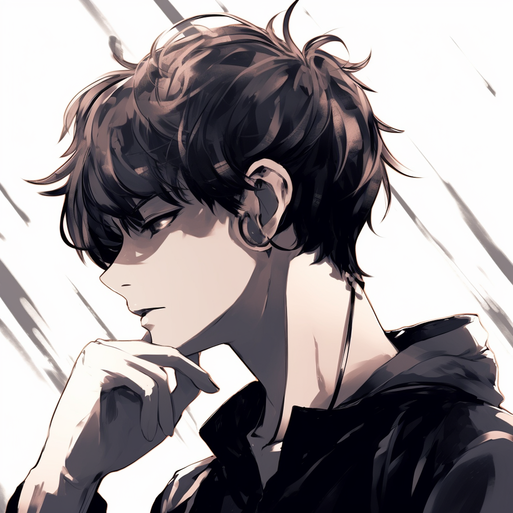 Profile of an anime boy with shadows, monochrome palette and sharp linework. anime boy pfp ideas pfp for discord.