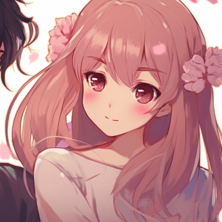 Close-up of two characters, sharing a heartwarming moment under cherry blossom tree, detailed sparkling eyes. anime matching pfp romantic couple pfp for discord.
