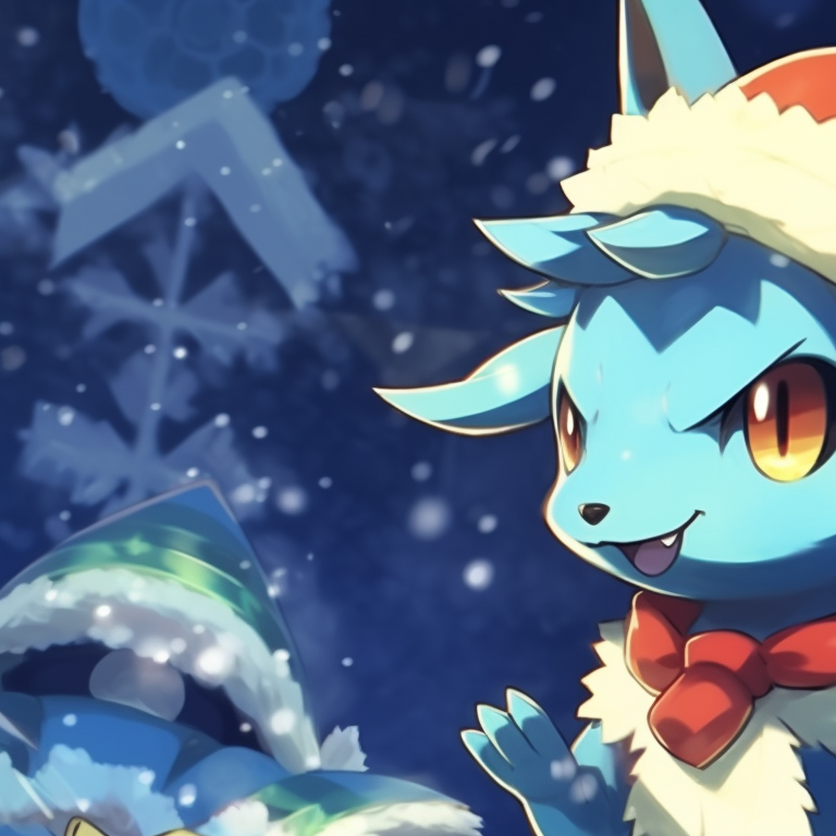 Lucario characters amidst falling snowflakes, icy blue tones dominant. lucario christmas avatar pairs pfp for discord.
